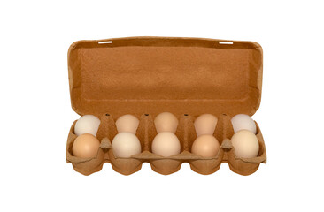 Ten fresh chicken eggs in a cardboard box. The isolation is on a transparent background in the PNG...