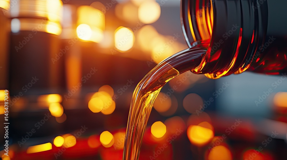 Poster shiny black crude oil being poured into a container for testing in a lab, showing viscosity and raw 