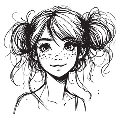 Charming Girl with Pigtails a Whimsical and Expressive Portrait Illustration