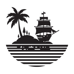 Tropical Island with Sailing Ship Silhouette a Paradise Adventure Illustration