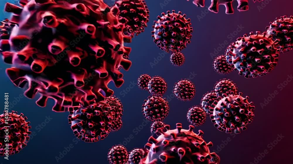 Poster microscopic visualization shows virus cells multiplying and spreading, potentially representing a vi