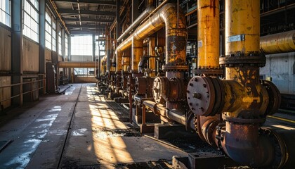 Industrial Factory Interior with Pipes and Valves in Sunrise Light
