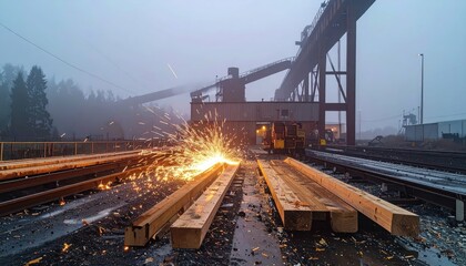 Fototapeta premium Sparks Fly as Worker Cuts Timber at Industrial Lumber Yard