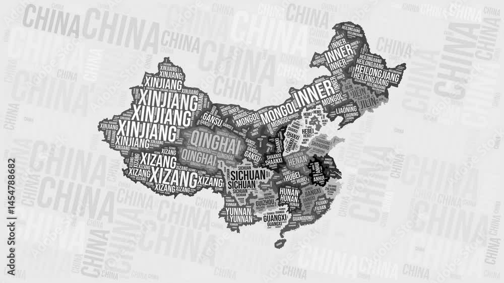 Aufkleber china animation. visual effect of china regions appearing in black and white word clouds style. coun