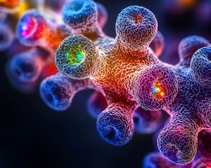 Microscopic view of a virus mutating into multiple variants each glowing with a different color The virus particles are sharply detailed and the environment is dark to emphasize their glowing nature