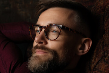 Close-up of man's face, brown tortoiseshell glasses, beard, thoughtful expression, dark background, maroon shirt