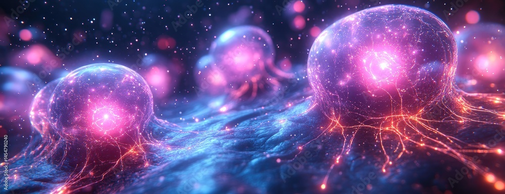 Poster abstract display of glowing cellular structures