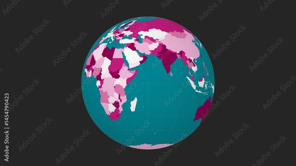 Poster spinning planet. normal sphere view. moderate speed planet rotation. colored countries style. world 