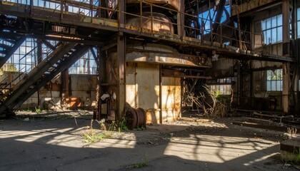 Naklejka premium Abandoned Industrial Space with Rusty Machinery and Overgrown Plants