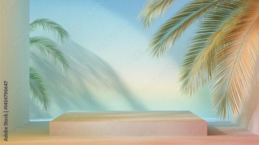 Poster soft pastel color gradient studio with palm leaf shadow effect