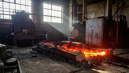 Abandoned Factory Interior with Molten Metal and Sunlight Rays