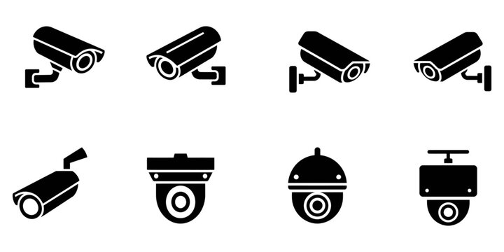 Security Surveillance System Icons Collection, Security camera silhouette vector illustration for surveillance and protection, CCTV security camera icons set video surveillance monitoring.