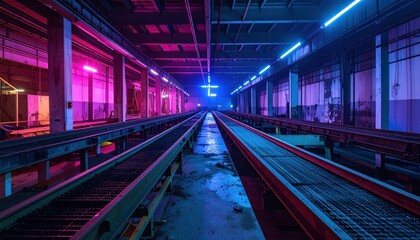 Futuristic Industrial Warehouse Interior with Neon Lighting Effects