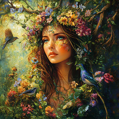Mystical forest goddess with floral crown, birds, butterflies, and serenity