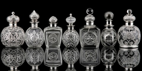 Ornate glass perfume bottles with silver caps