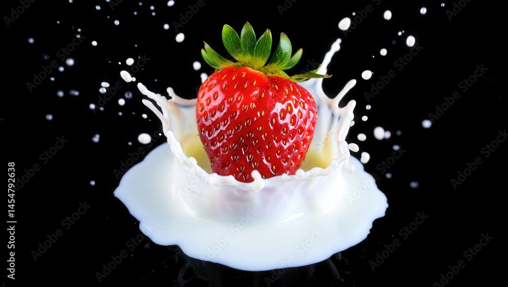 Aufkleber a strawberry is being squirted with milk, creating a splash effect around it.