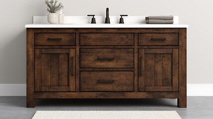 Rustic Wooden Bathroom Vanity Cabinet with White Countertop, Modern Black Faucet Fixtures, and Gray Towels for Home Improvement.