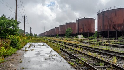 Fototapeta premium Abandoned Industrial Railway with Rusty Storage Tanks Under Clouds