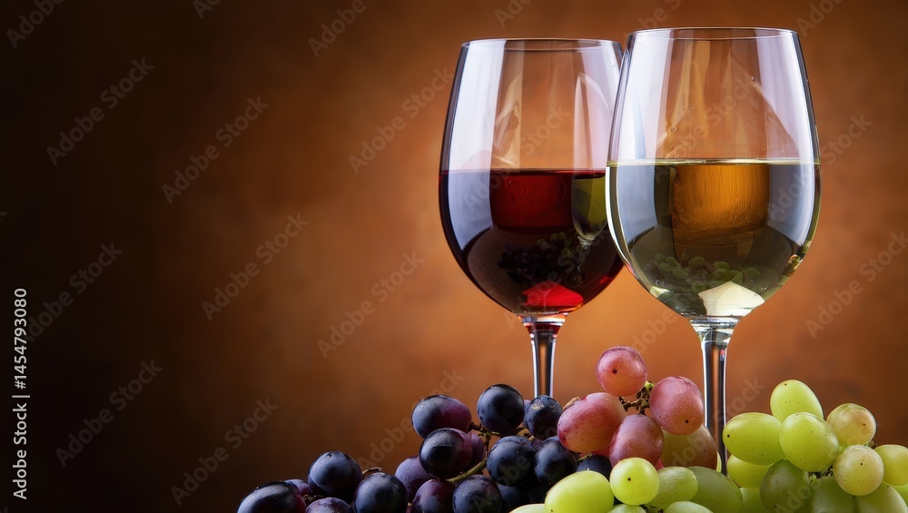Poster two wine glasses filled with red wine, sitting on a table next to a bunch of grapes.