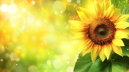 Obraz premium Youth Day: A vibrant close-up of a blooming sunflower with golden petals, surrounded by soft green leaves, warm sunlight casting gentle shadows, blurred spring meadow background, 