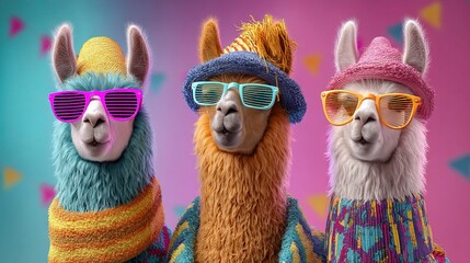 Funky Llamas in Bright Mismatched Party Outfits with Accessories