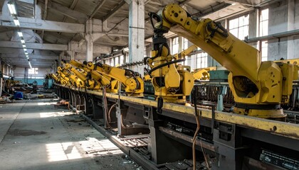 Industrial Robotics in Abandoned Factory with Yellow Arms and Machinery