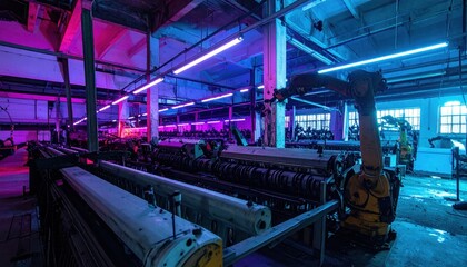 Neon Industrial Space with Robotic Arm and Machinery at Night