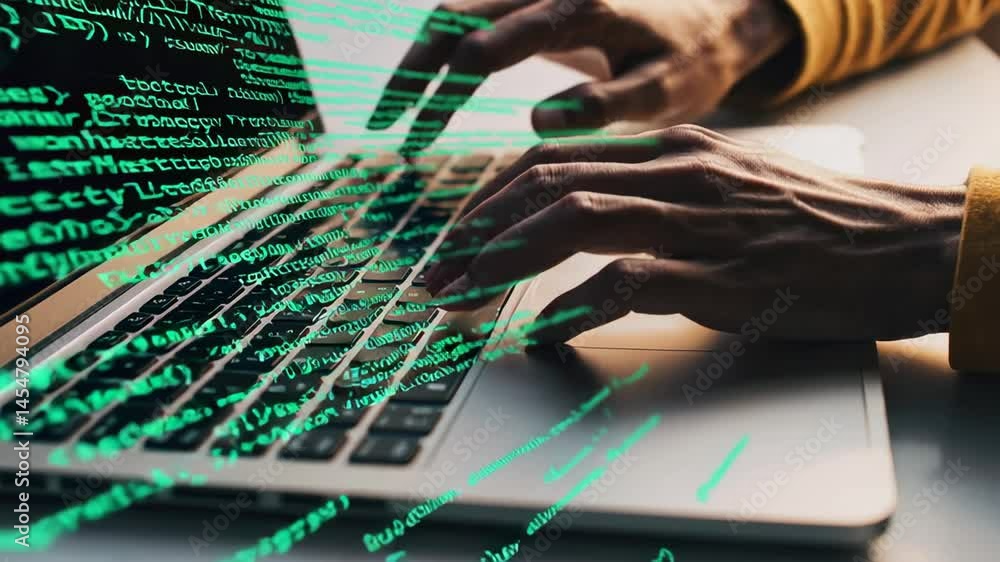 Poster Professional software developer typing rapidly on laptop, green code lines scrolling dynamically across screen, showcasing technological innovation and programming workflow