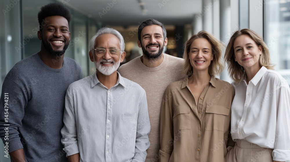 Poster a group of five smiling people stands together in a modern office. they represent various background