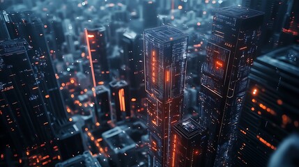 A cyber city with advanced surveillance and encrypted pathways

