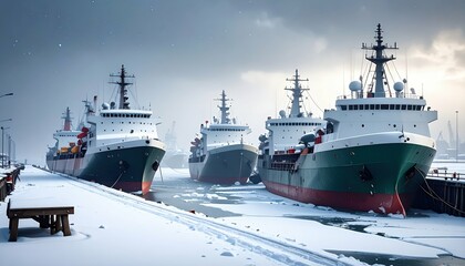 Ice-Covered Harbor with Fishing Vessels Under Cloudy Sky