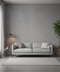 Modern minimalist living room, plush grey sofa with throw pillows ,  clean,  house,  home staging