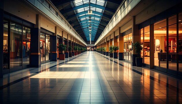 Empty indoor shopping mall with modern architecture and natural light