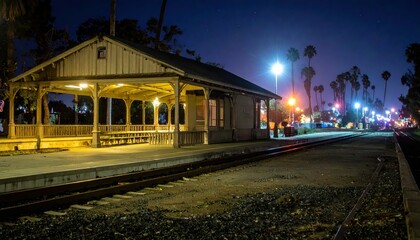 Obraz premium Nighttime View of Abandoned Railway Station Surrounded by Palm Trees