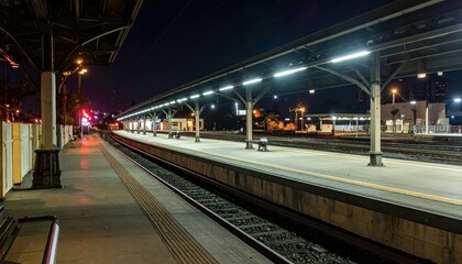 Naklejka premium Quiet Train Station Platform at Night with Illuminated Waiting Area