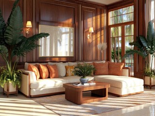 Elegant living room interior design with warm tones.