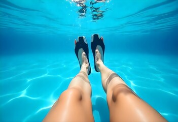 Swimmer legs underwater in pool with swim fins during dive