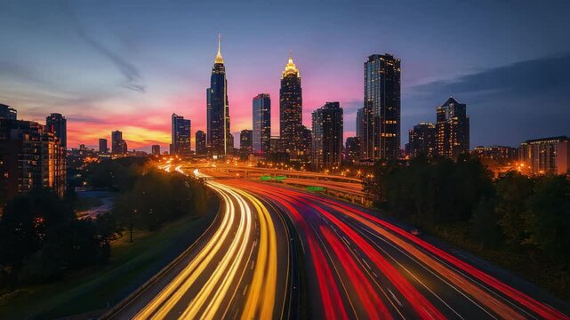 A city skyline with a highway in the background. The sky is a mix of orange and pink hues