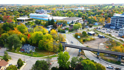 Aerial of Guelph, Ontario, Canada in fall