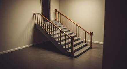 Obraz premium Carpeted Staircase with Wooden Railing Inside Building