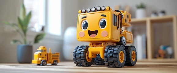 Fototapeta premium Cute yellow toy construction truck