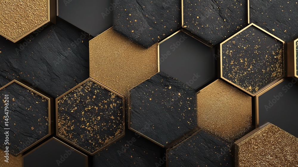 Aufkleber glossy black and gold hexagon pattern with textured elements