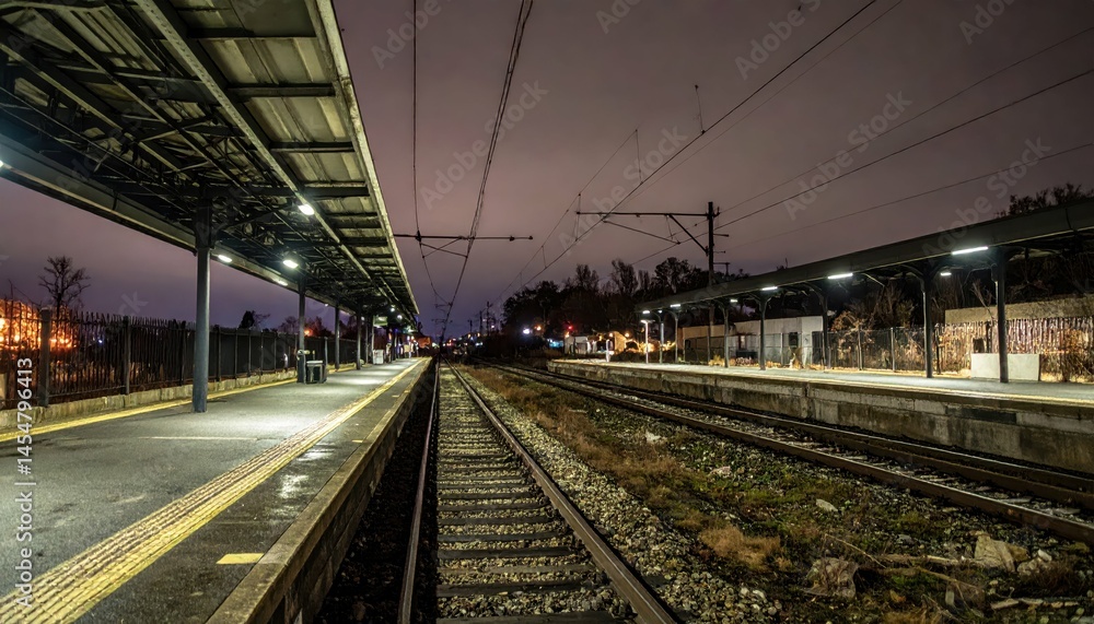 Poster nighttime train station view with empty platforms and tracks