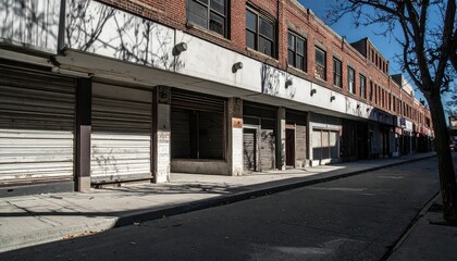 Obraz premium Abandoned Urban Street with Closed Shopfronts and Shadows