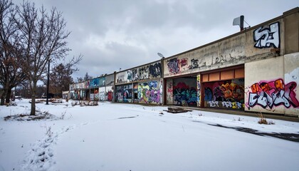 Abandoned Urban Building with Colorful Graffiti and Snowy Landscape