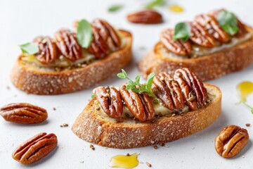 Fototapeta premium Deliciously arranged slices of toasted bread topped with creamy cheese, roasted pecans, and fresh herbs, creating a visually appealing gourmet appetizer for culinary enthusiasts