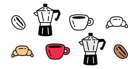 coffee cup vector icon croissant hot tea pot cafe cartoon character bakery baked drink water food doodle symbol illustration clip art isolated design