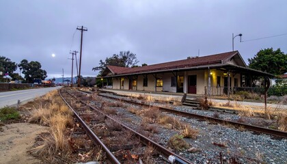 Abandoned Train Station at Dusk with Overgrown Railway Tracks