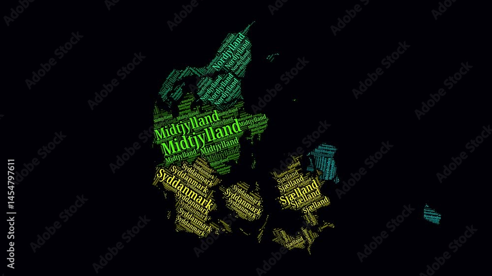 Aufkleber denmark intro video. regions word clouds animation. denmark regions names in danish language fading 