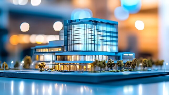 Real Estate Office Table Showcasing a Small Model of a Modern Commercial Building Under Bright Lighting